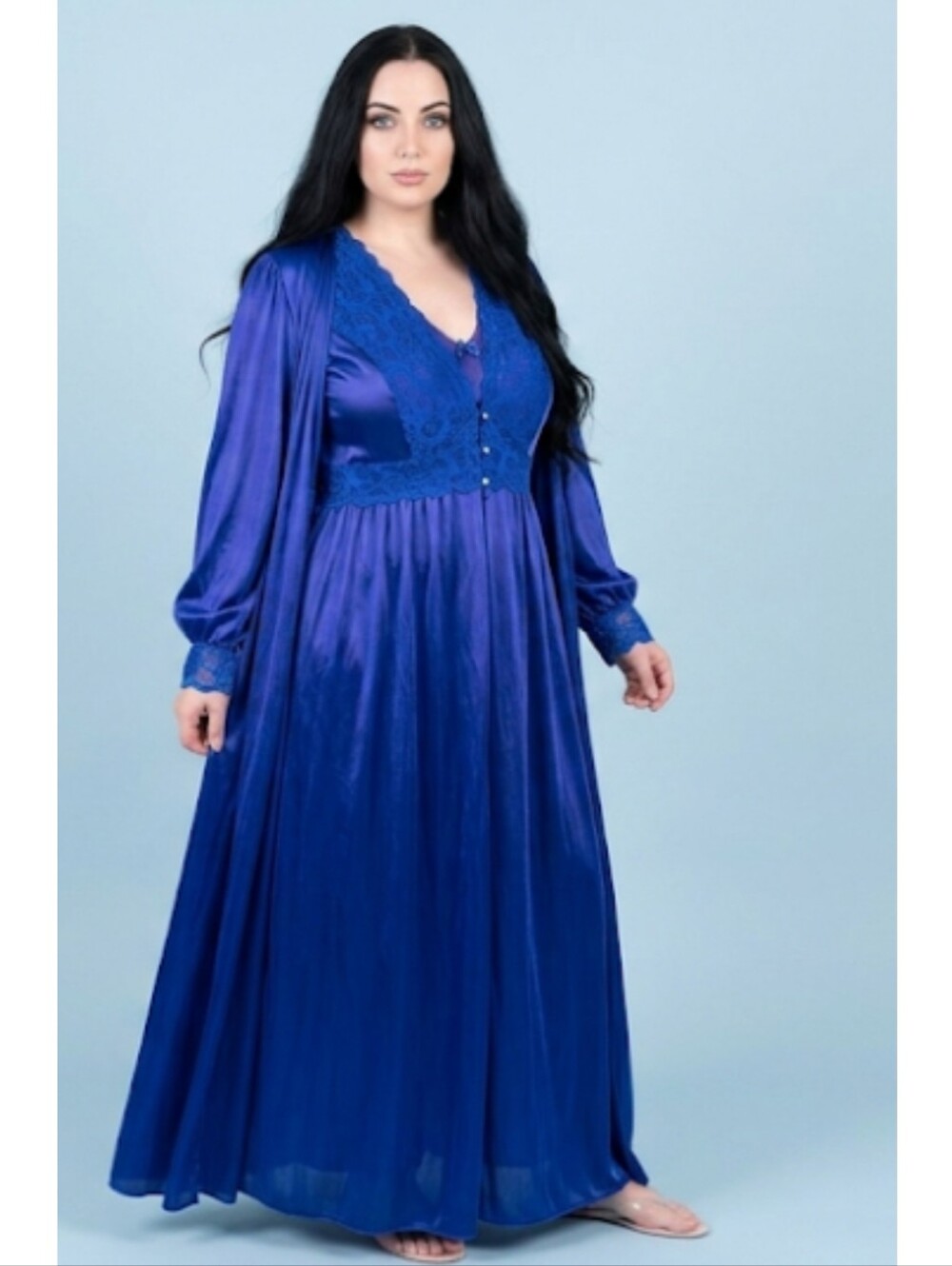 Stunning Vintage Shadowline 2-Piece Peignoir Set in rich Cobalt Royal Blue!  1X